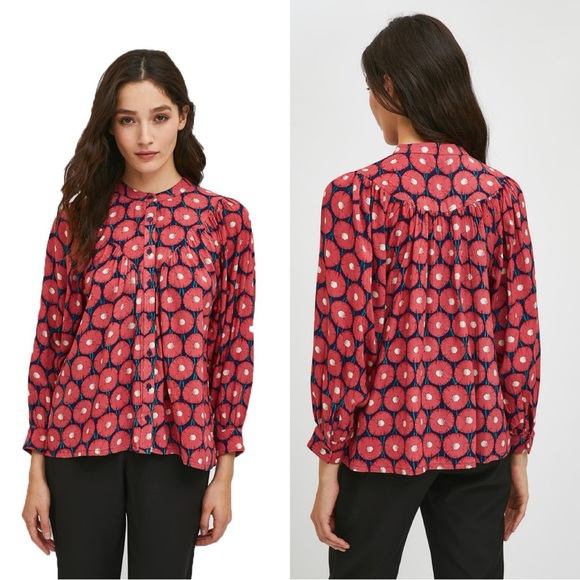 RED MARIGOLD FLORAL PRINT FLOWING GRANDAD COLLAR SHIRT BY COMPANIA FANTASTICA S - Picture 1 of 10